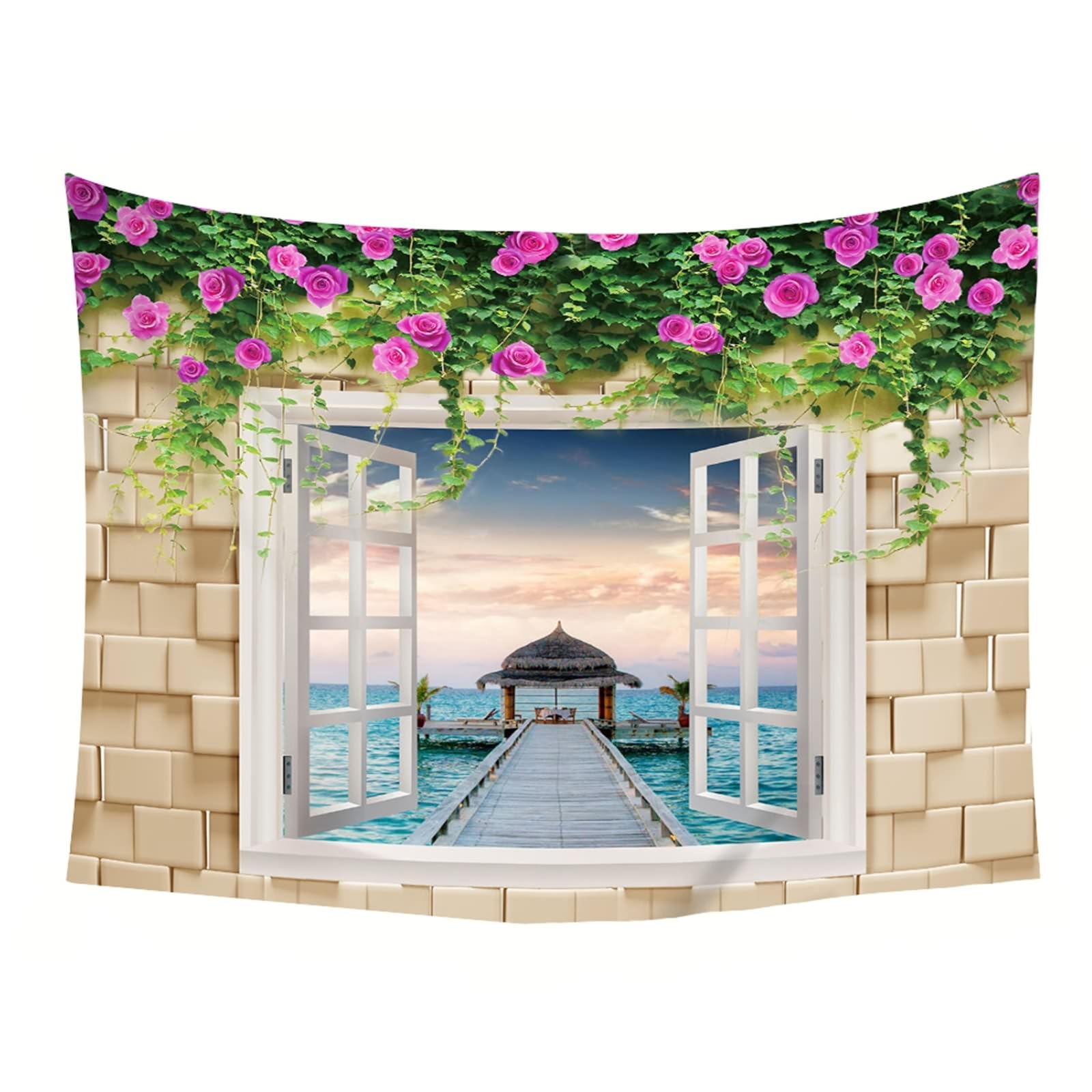 Wandteppiche 350x256cm, Wandtuch Fenster Blumen Szenerie Meer Wandbehang Wanddeko 138" W x 101" H