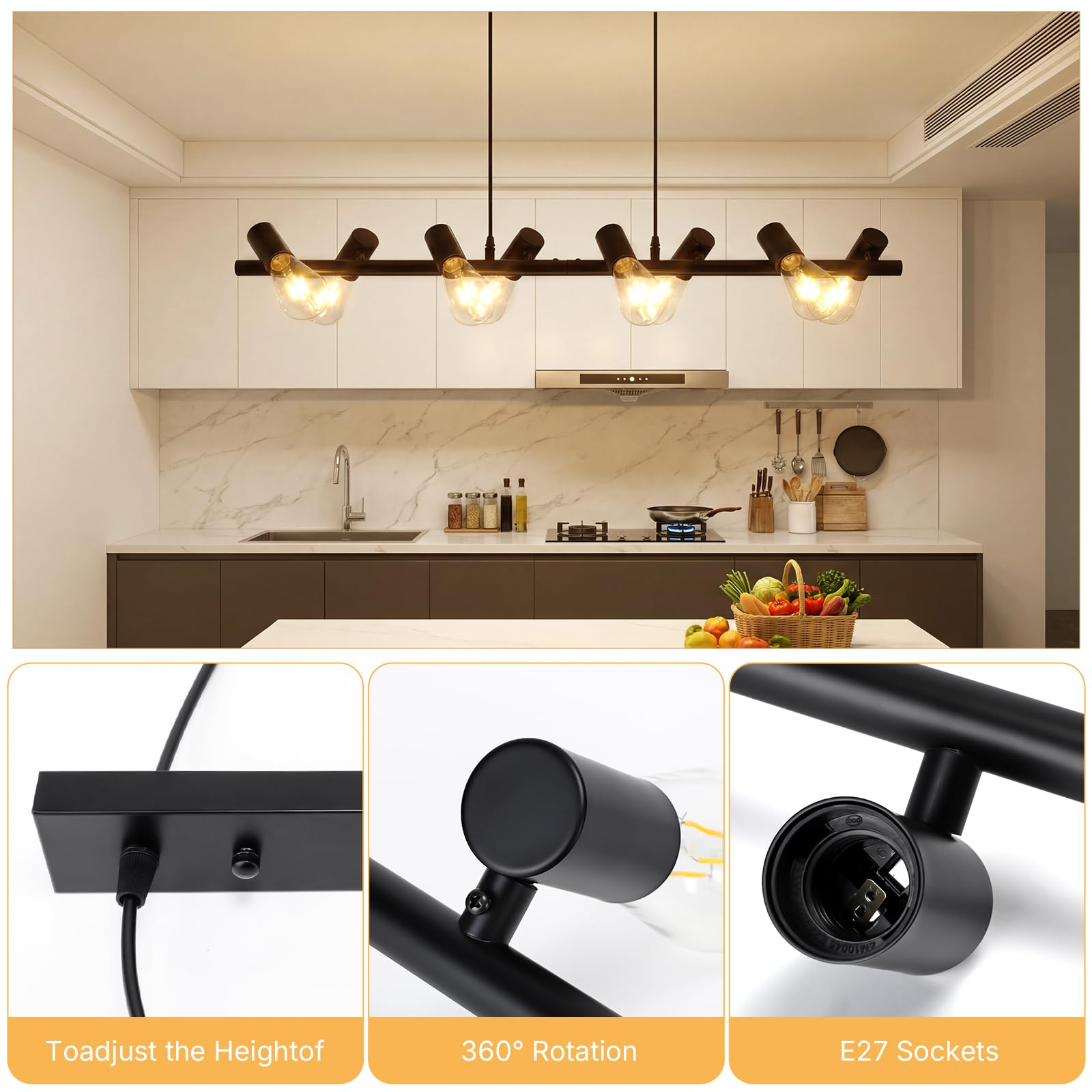 VivaLet Lampadario Soggiorno Moderni Nero, E27 Faretti Soffitto a 8-Luci, Testa Orientabile, Lampadario Vintage a Sospensione da Sala da Pranzo Regolabile in Altezza, Plafoniera Industrial per Cucina