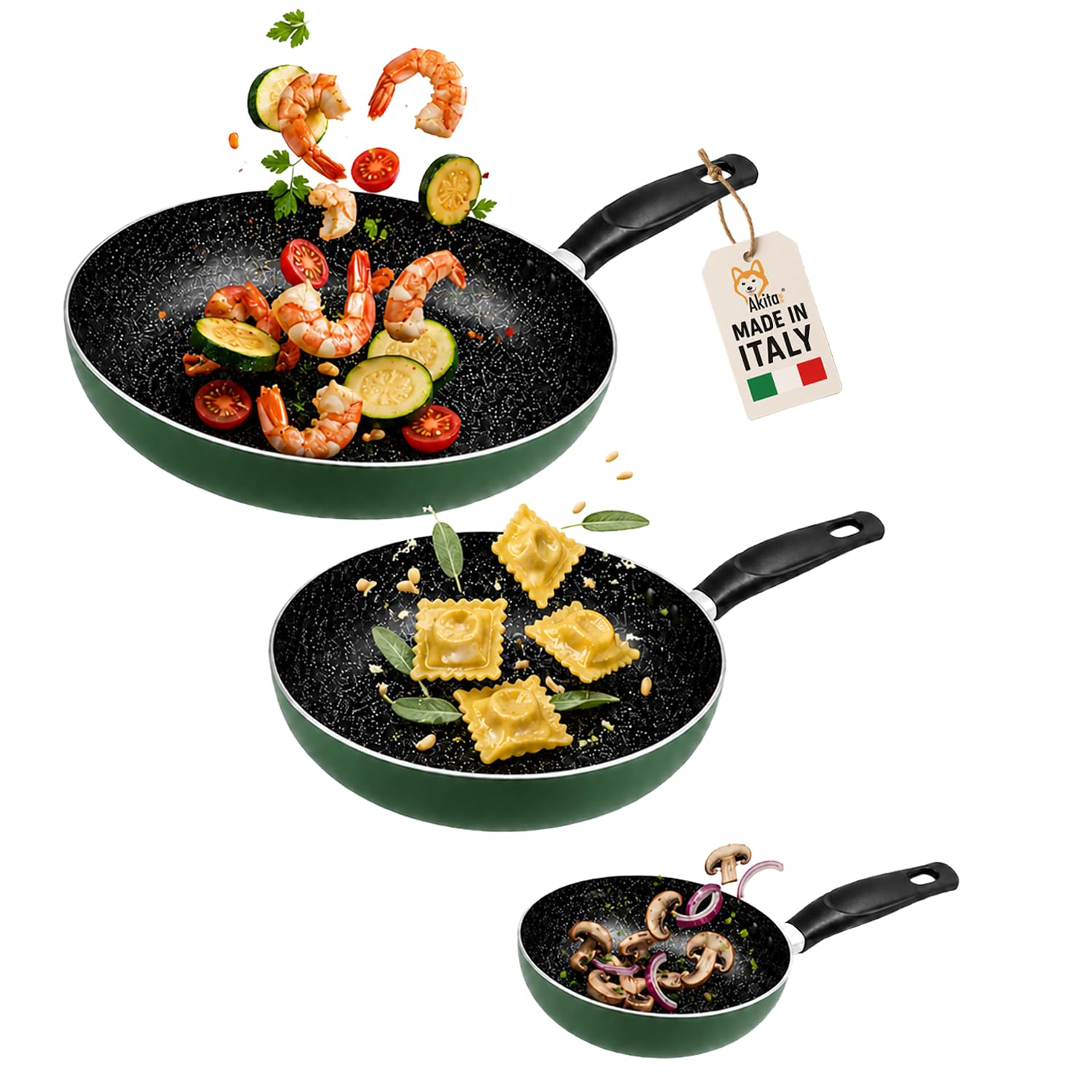 Akitaink Set 3 Padelle Antiaderenti Natura 20, 24 e 28 cm, Batterie di Padelle per Cucina Quotidiana, Resistenti e Pratiche