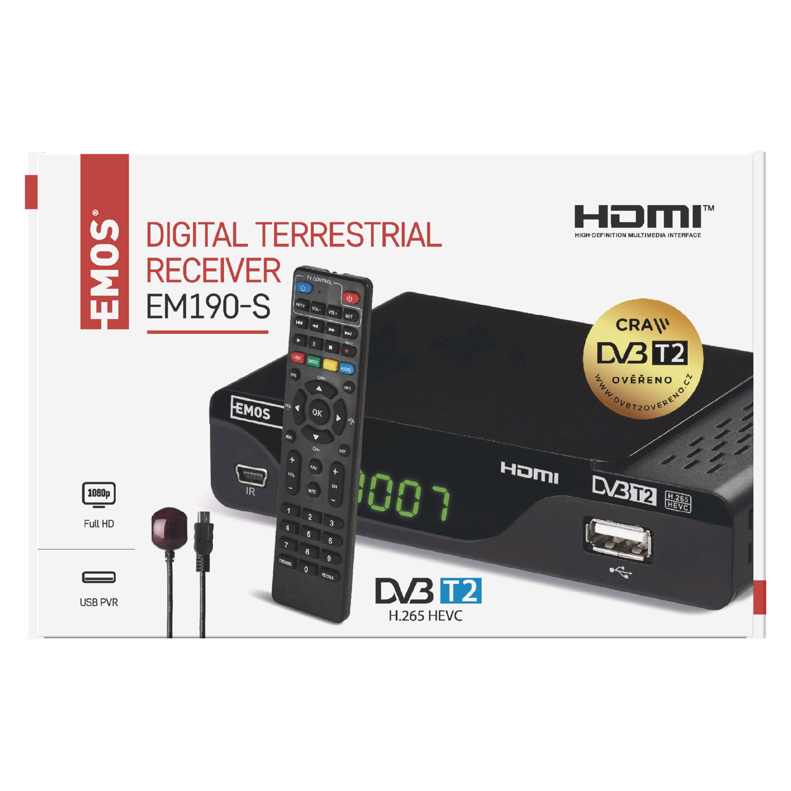 EMOS DVB-T2 HD H.265 HEVC Receiver with USB, HDMI, Scart and Coaxial, Remote Control and Infrared Sensor, PVR, Multimedia Player and EPG Function, 1080p