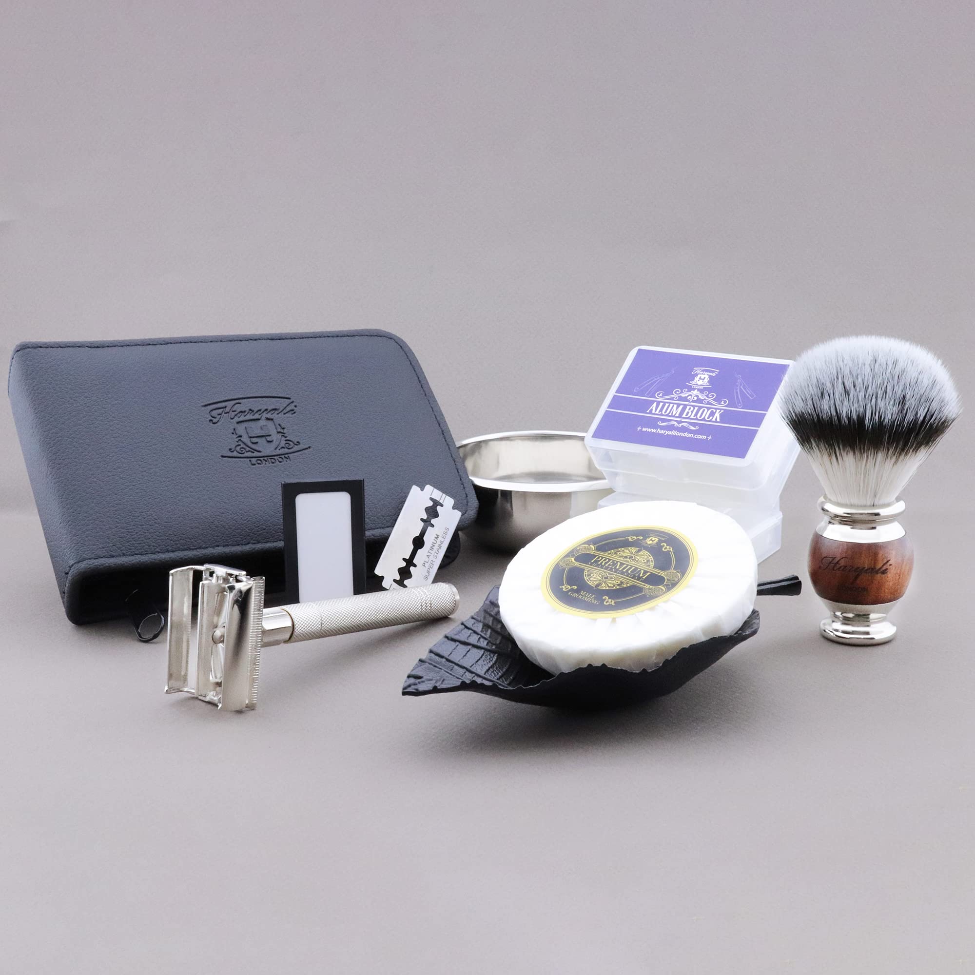 Haryali London Set da barba – Pennello da barba Vegan – Sapone da barba, ciotola da barba, pietra di allume, 6 pezzi, rasoio bagnato, da uomo e da donna, con lamette da rasoio, custodia rasoio