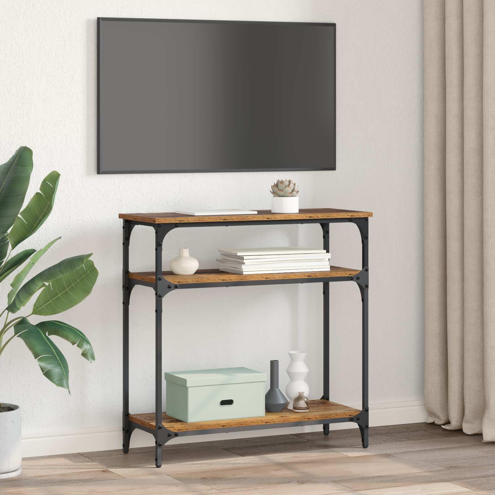 Table console avec étagère en bois vieilli 75 x 29 x 75 cm Cadre en métal pour salon, couloir, couloir avec espace de rangement et fonction de rangement