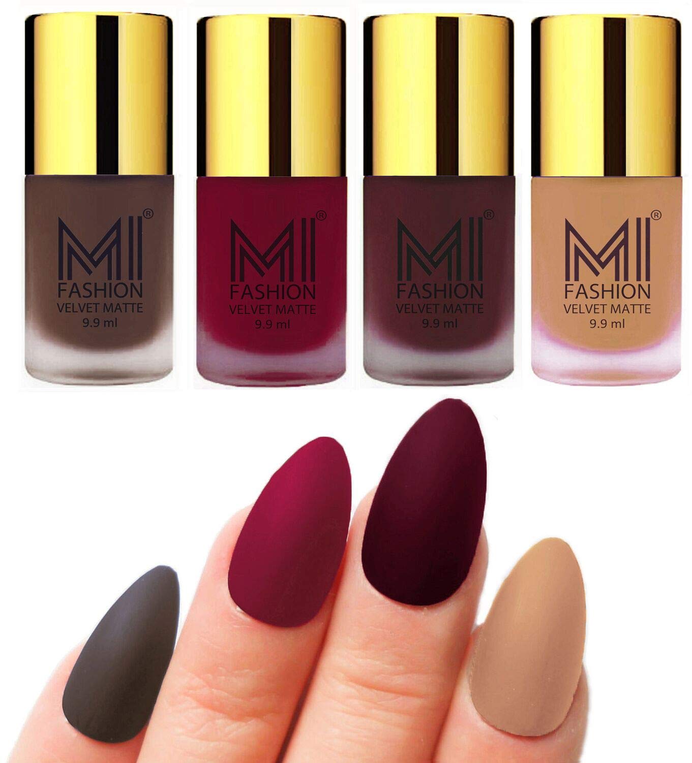 MI FASHION Velvet Matte Nail Paint Combo Sets Non-Stop, Rain Or Waterproof 9.9ml Coffee, Mauve, Red Wine, Nude (Pack Of-4)-image-22