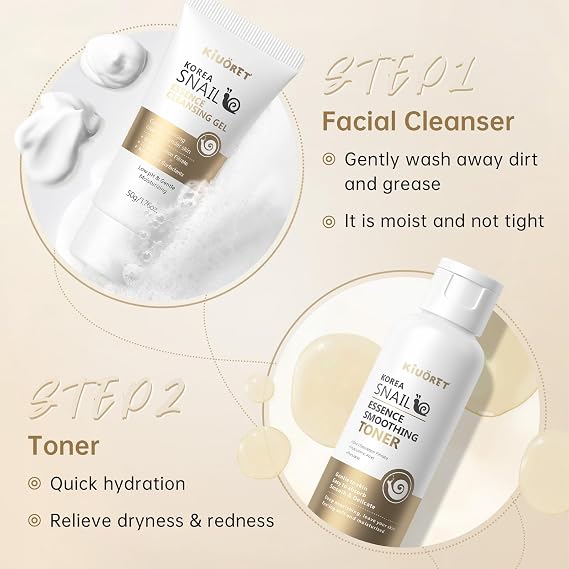 Snail Skin Care Set with Red Ginseng - 5PCS Korean Skin Care Set with Facial Cleanser, Toner, Serum, Eye Cream & Face Cream - Moisturizing and Smoothing Skin - Skincare Gifts for Women Teen Girls