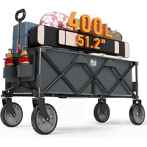 Timber Ridge 51.2'' Extended Collapsible Wagon Cart, 500LBS Heavy Duty Foldable Utility Wagon with Adjustable Handle, 400L Capacity Portable Cart with Cargo Net for Camping Sports Shopping-Grey