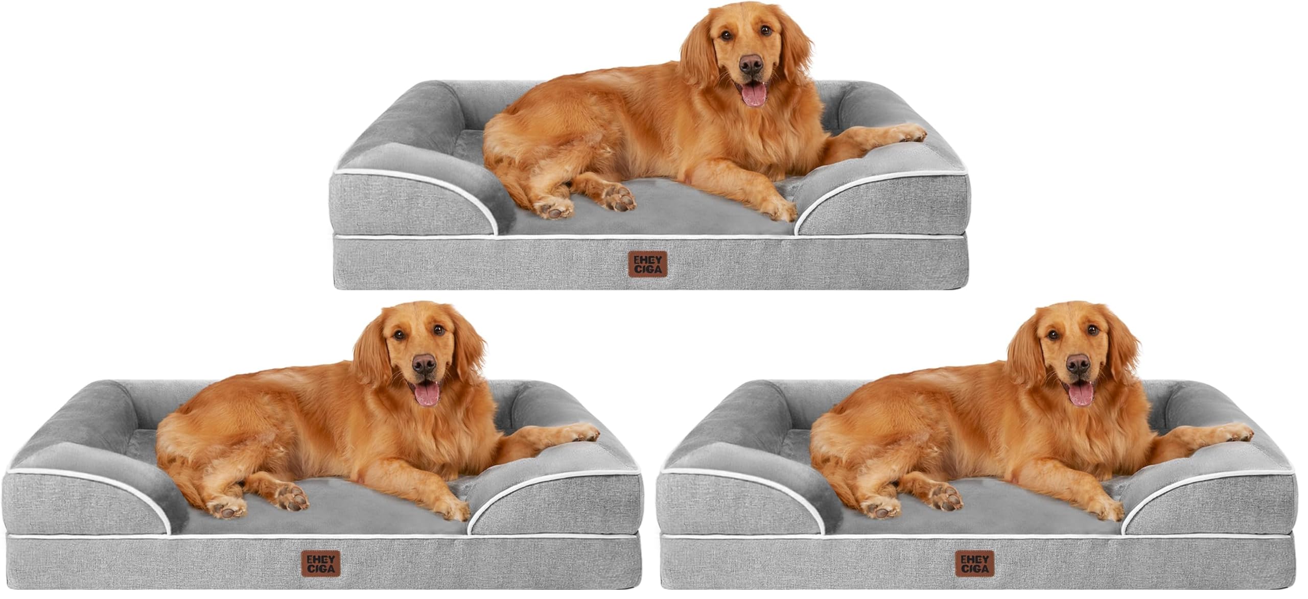 EHEYCIGA Orthopedic Dog Beds for Extra Large Dogs 44x32Inch, Waterproof Memory Foam XL Pet Bed with Sides, Non-Slip and Egg-Crate Foam Big Dog Couch Bed with Washable Removable Cover, Grey (Pack of 3)