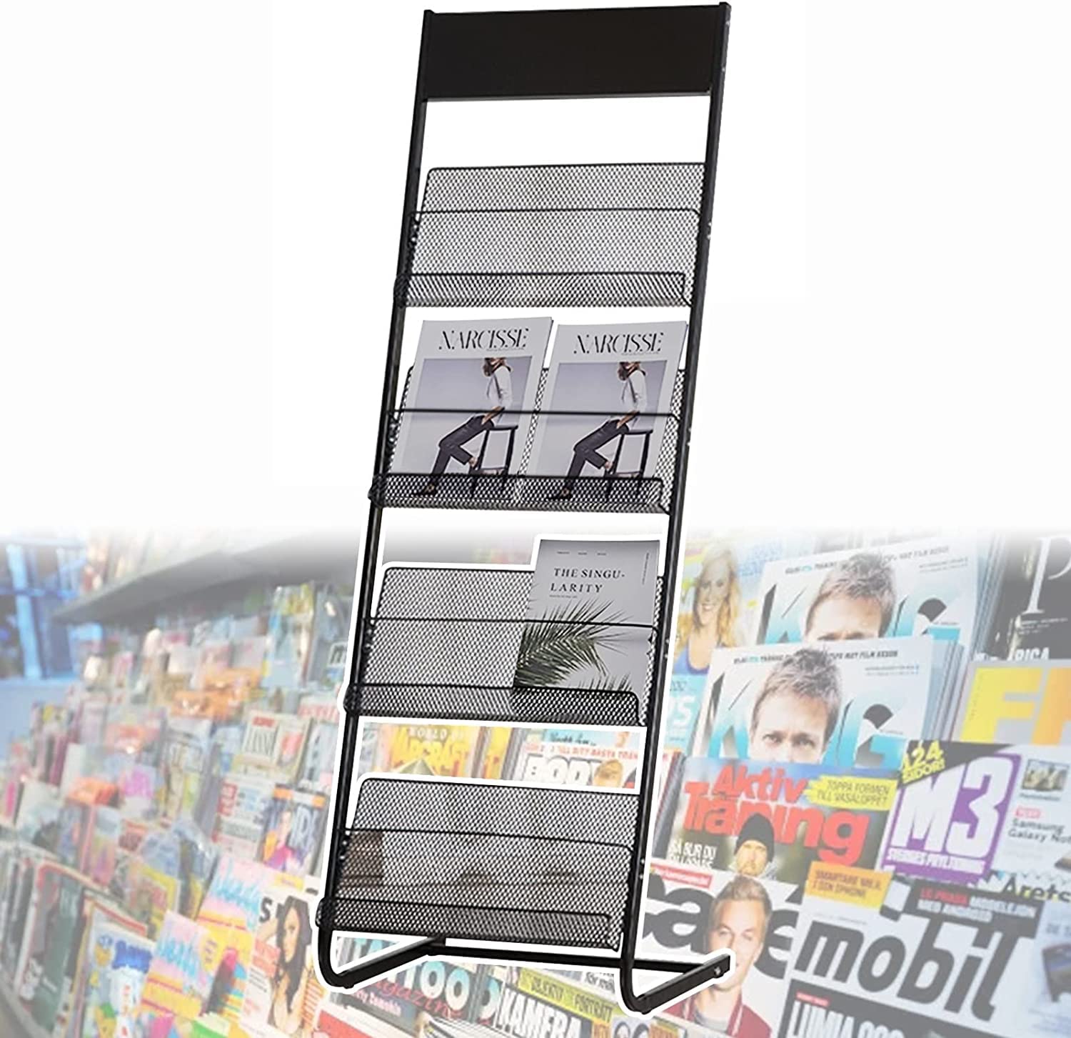Présentoir à Magazines sur Pied, Noir, pour salles d'attente, showrooms, Halls d'hôtels et espaces de Vente. Montage Facile.