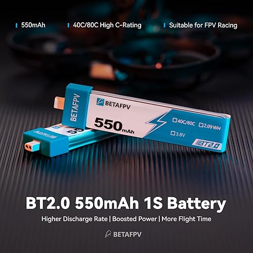 Miniatura 2 de BETAFPV 4pcs BT2.0 550mAh 1S Batería 3.8V 40C80C Lipo Batería con conector BT2.0 Compatible para 2.953-3.346 in 1S FPV Racing Whoop Drone