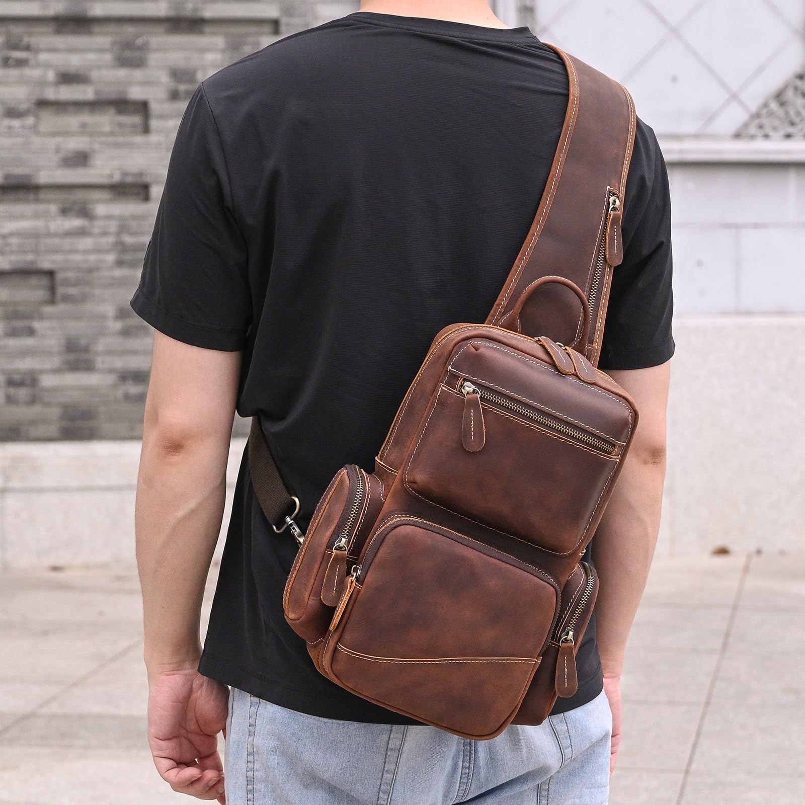 Zaino Monospalla Uomo Vera Pelle Borsello Uomo Pelle Tracolla Spalla Sling Bag Crossbody Bag Borse Petto per Trekking Viaggi Lavoro Scolastici