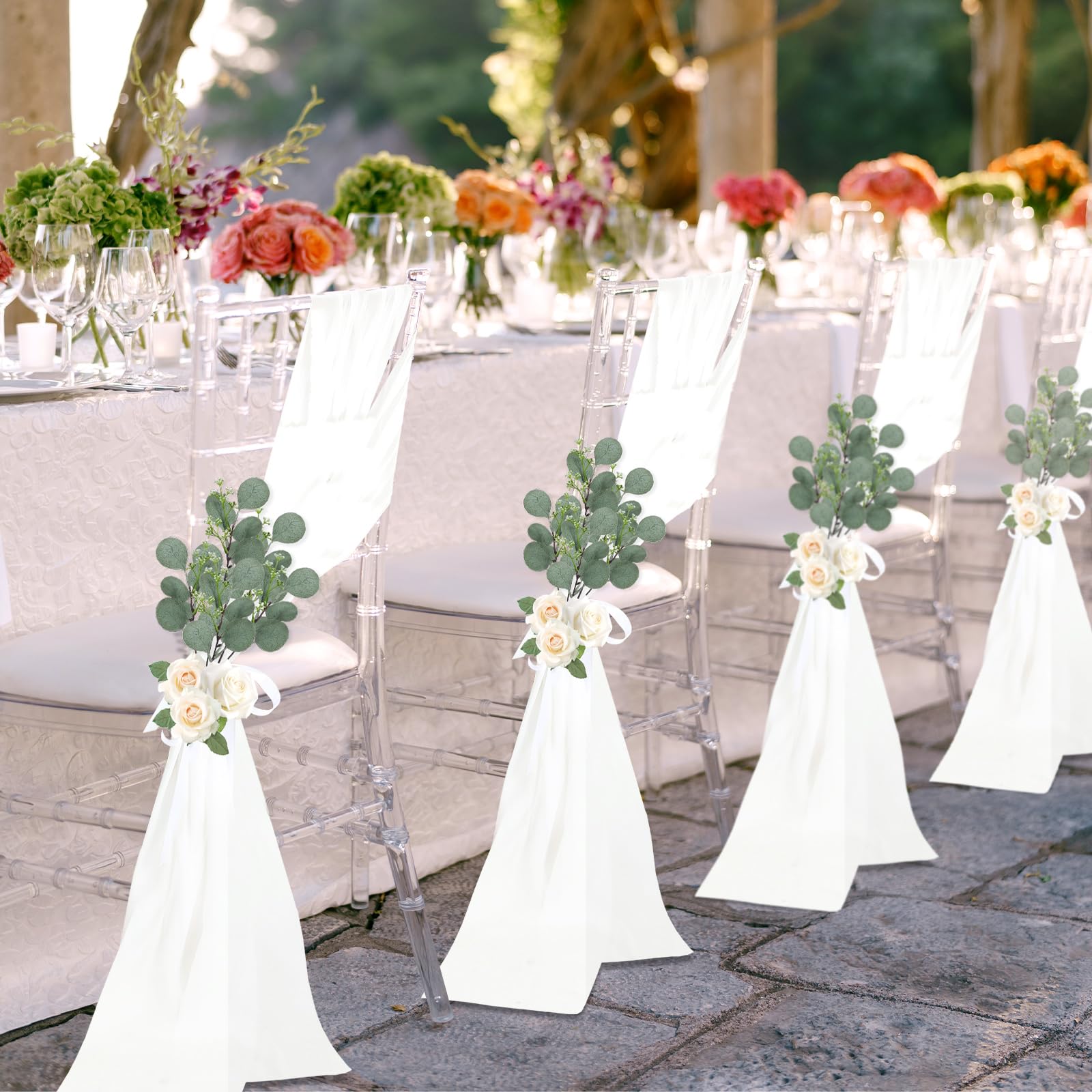 VitalCozy 24 Stück Hochzeit Gang Dekorationen für Hochzeitszeremonie Chiffon Stuhl Schärpen mit Bändern und künstlichem Eukalyptus Stiel Dekor für Hochzeit Kirche Stuhl Gang Bulk Dekorationen