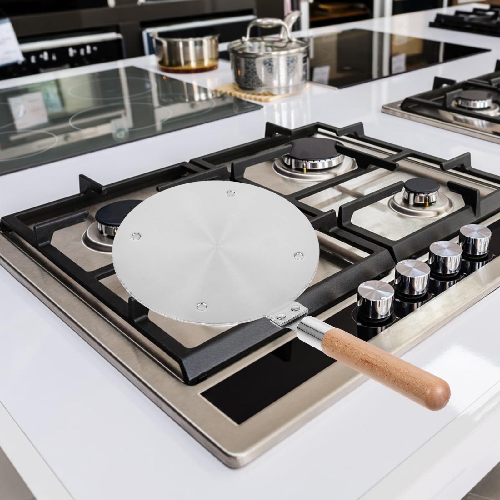 Disco Convertidor de Calor para Inducción, Disco de Inducción Redondo, Plata, Acero Inoxidable y Madera, Distribuye el Calor Uniformemente, para Cocina Doméstica