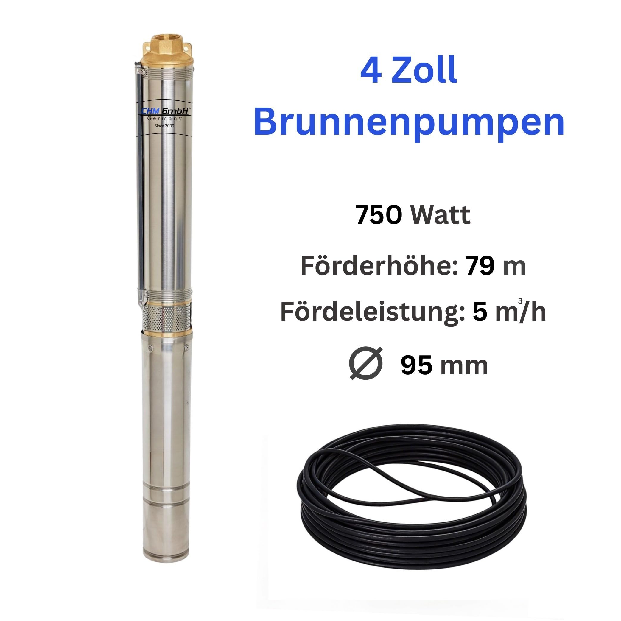 Pompe de puits profond, 4 pouces, 0,75 KW, 10800 l/h, 7,6 bar, avec disjoncteur