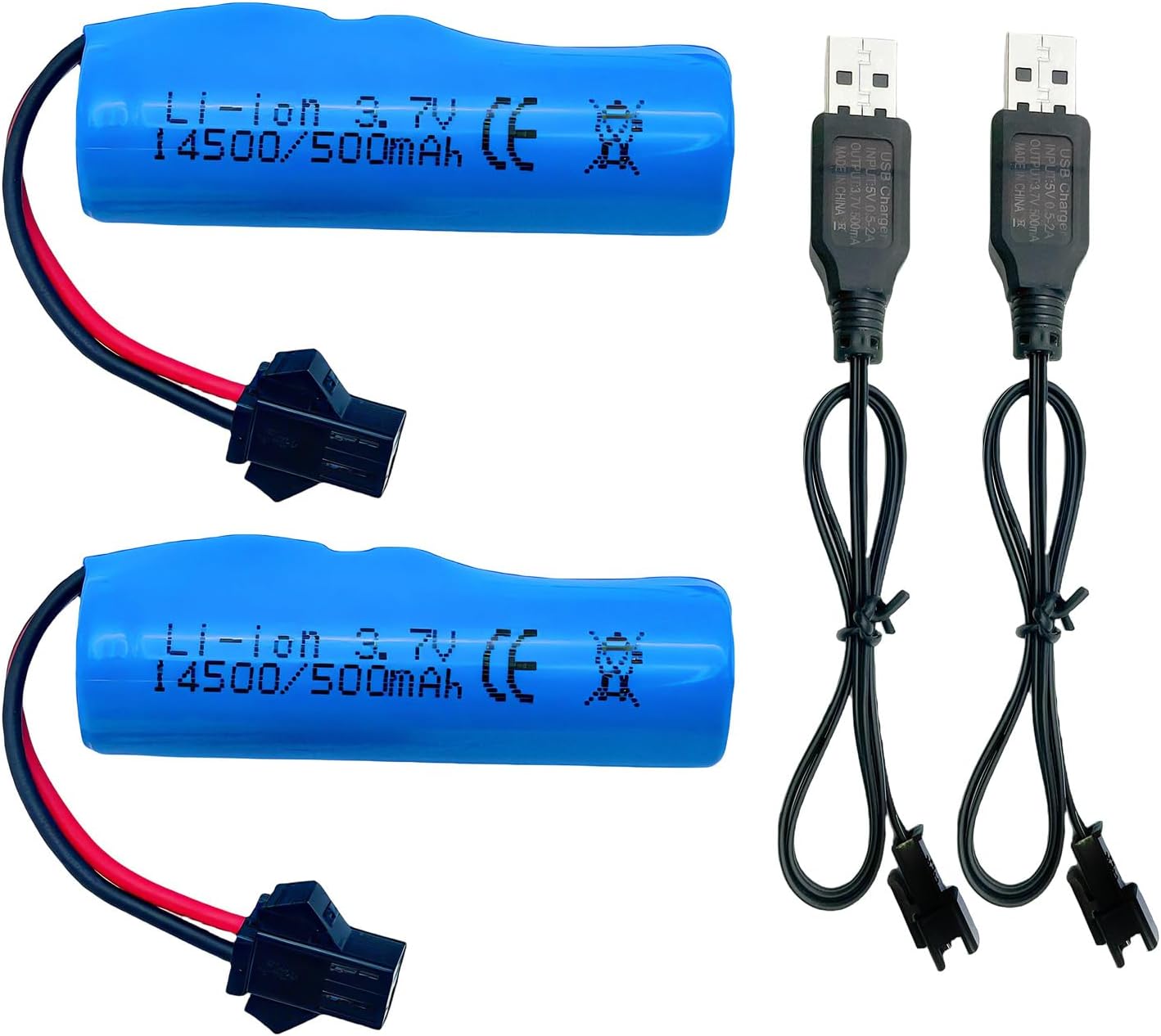 3.7V 500mAh Li-ion Rechargeable Battery SM-2P Plug for Double Sided RC Stunt Car Small RC Boat Tumbling Amphibious RC Toy Car RC Truck Bubble Gun Battery Replacement (2 Pack)