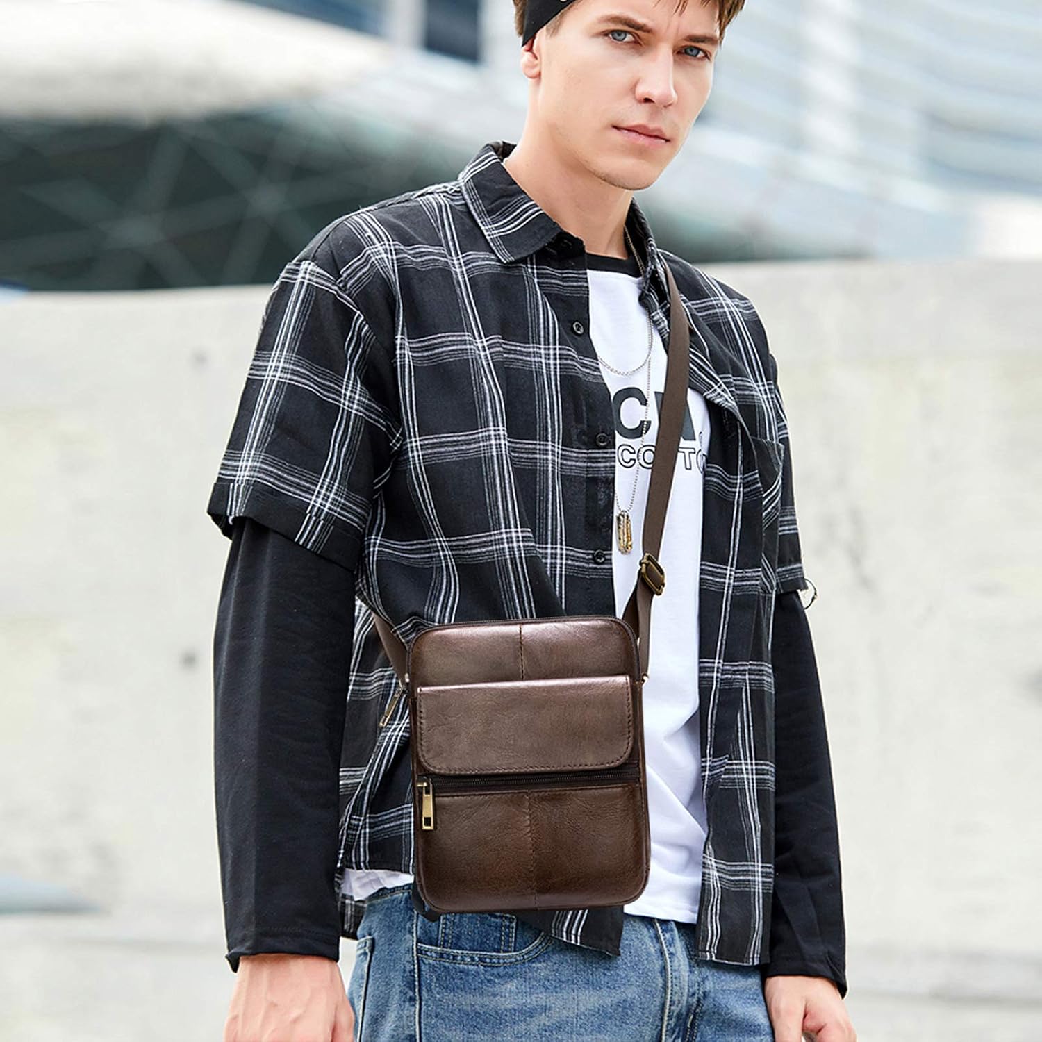 FANDARE Unisex Shoulder Bag Leather Crossbody Purse Crossover Messenger Bag Satchel Bag for Men Women Teens Business Travel School College Campus Backpack Dark Brown - Image 3