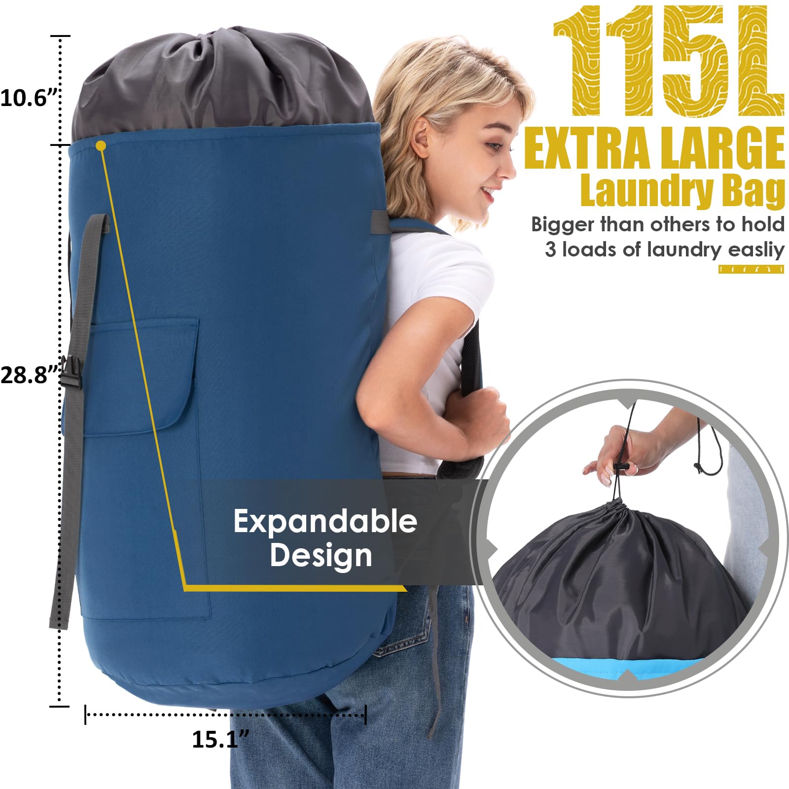 Borsa portabiancheria extra large resistente, 115 l, con tracolla imbottita, essenziale per ragazzi, borse per lavanderia blu navy per college, borsa per lavanderia XL, borsone per lavanderia per