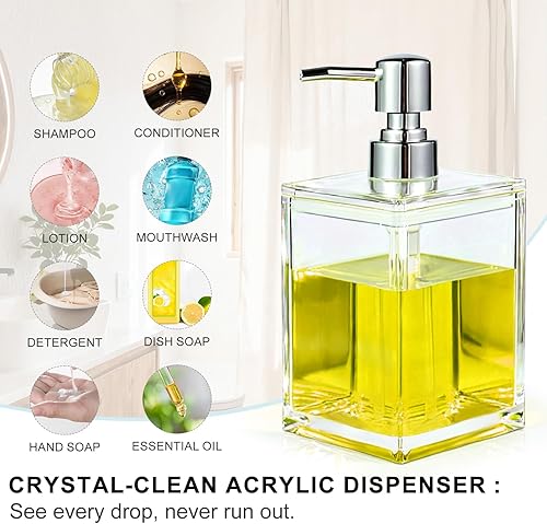 Miniatura 4 de Dispensador de jabón acrílico de 16.9 onzas con bomba para cocina y baño, botella cuadrada para platos, dispensador de jabón de manos moderno de