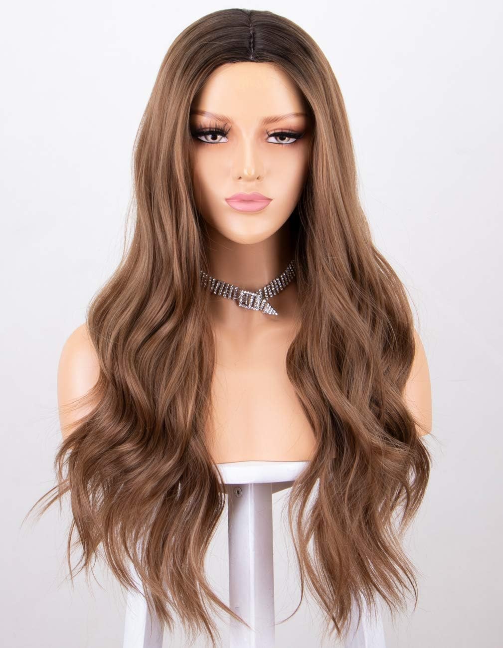 Chantiche Brown Wavy Wig 2 Tones Brown Ombre Wig with Dark Roots Long Brown Wigs for Women Natural Looking Long Wavy Synthetic Wig Full Machine Made Wig