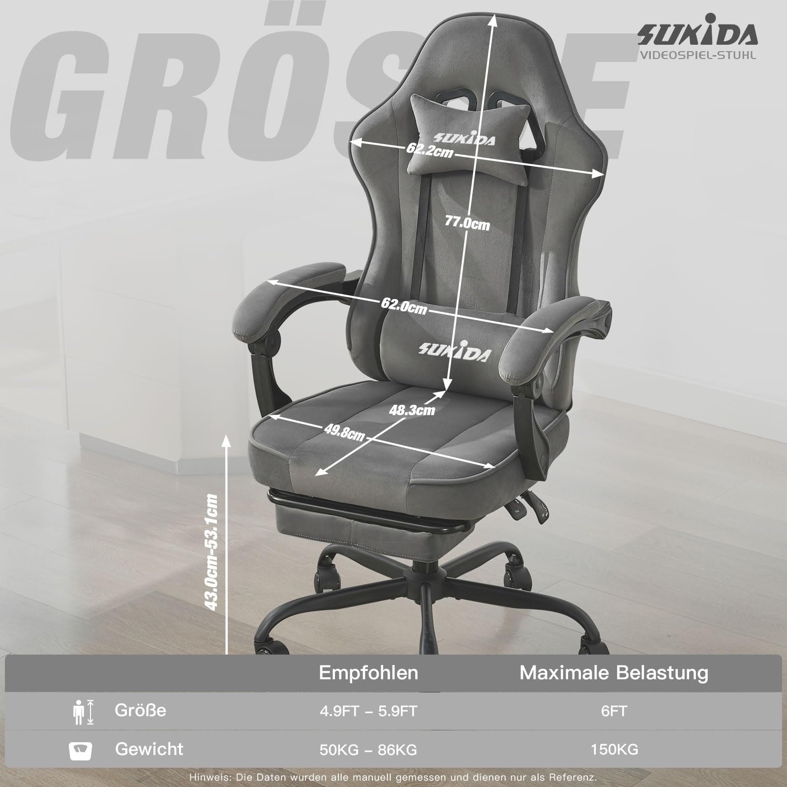 SUKIDA Gaming Stuhl Stoff Ergonomischer Gaming Chair mit Fußstütze Lordosenstütze Grau