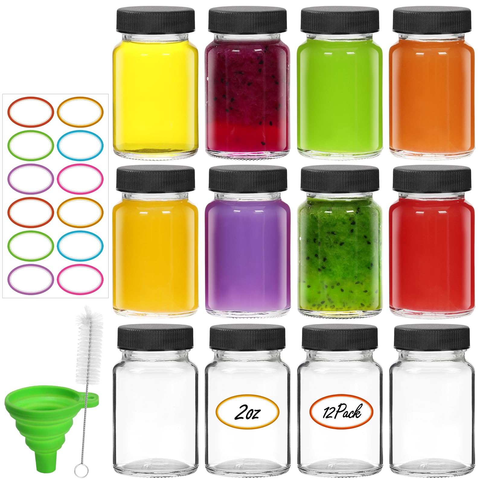 EkkoVla 12 Pack 60ml Glass Shot Bottles with Black Lids