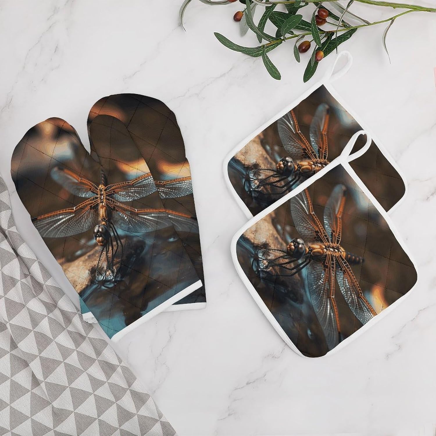 Oven Mitts Pot Holders Kitchen Dragonfly on The Water Heat Resistant Oven Glove for Baking and Cooking