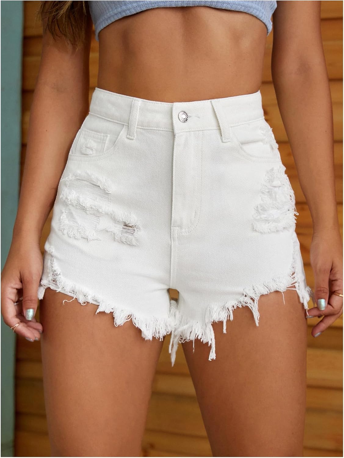 Floerns Women's High Waist Distressed Denim Shorts Raw Hem Straight Leg Jean Shorts - Image 5