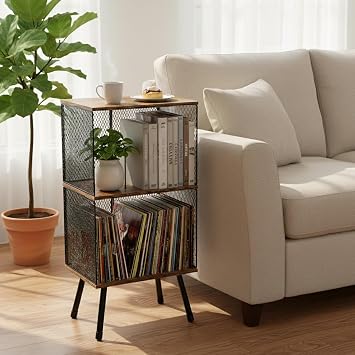 3-Tier Record Player Stand, Turntable Table with Vinyl Storage for 200 LPs, Corner Record Holder with Adjustable Dividers, Mid-Century Vinyl Stand for Living Room, Bedroom