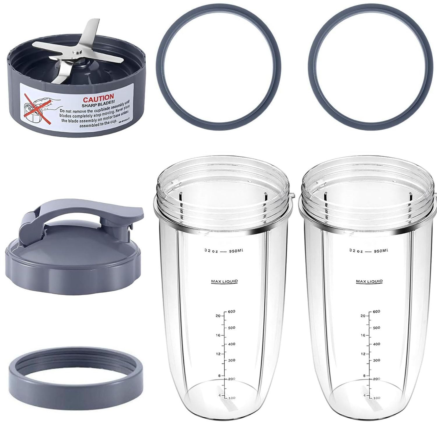 7 Pieces Replacement Cups & Blade Compatible with NutriBullet Blender, 32oz Cups with 1 Flip-Top to-Go Lid and 1 Lid Ring & Premium Extractor Blade 600w/900w