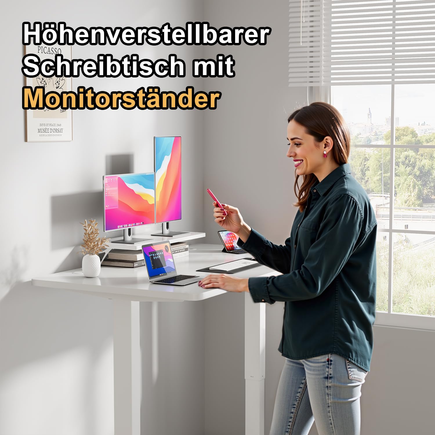 JUMMICO 120 x 60 cm Höhenverstellbarer Schreibtisch mit Monitorständer, Schreibtisch Höhenverstellbar Elektrisch mit Flexiblem Regal, Steh-Sitz Tisch, Bürotisch Stehschreibtisch, Weiß