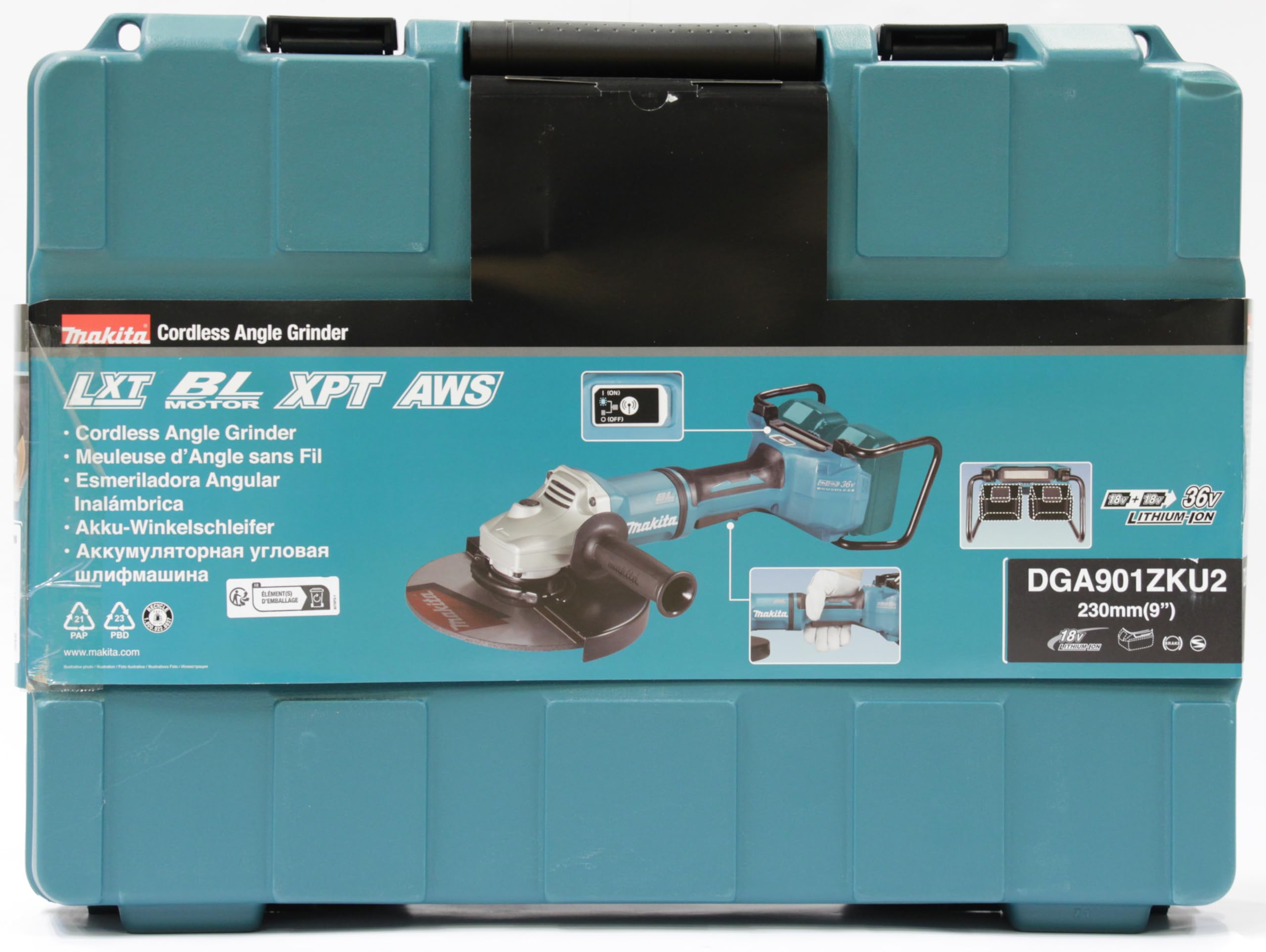 Makita DGA901ZKU2 akumulatorowa szlifierka kątowa 2 x 18 V z Bluetooth (bez akumulatora, bez ładowarki) w walizce transportowej