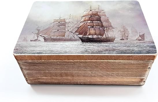 Thorness Cutty Sark Wooden Box with Hinged Lid - 15cm x 10cm x 6cm, Marine Art by David C. Bell