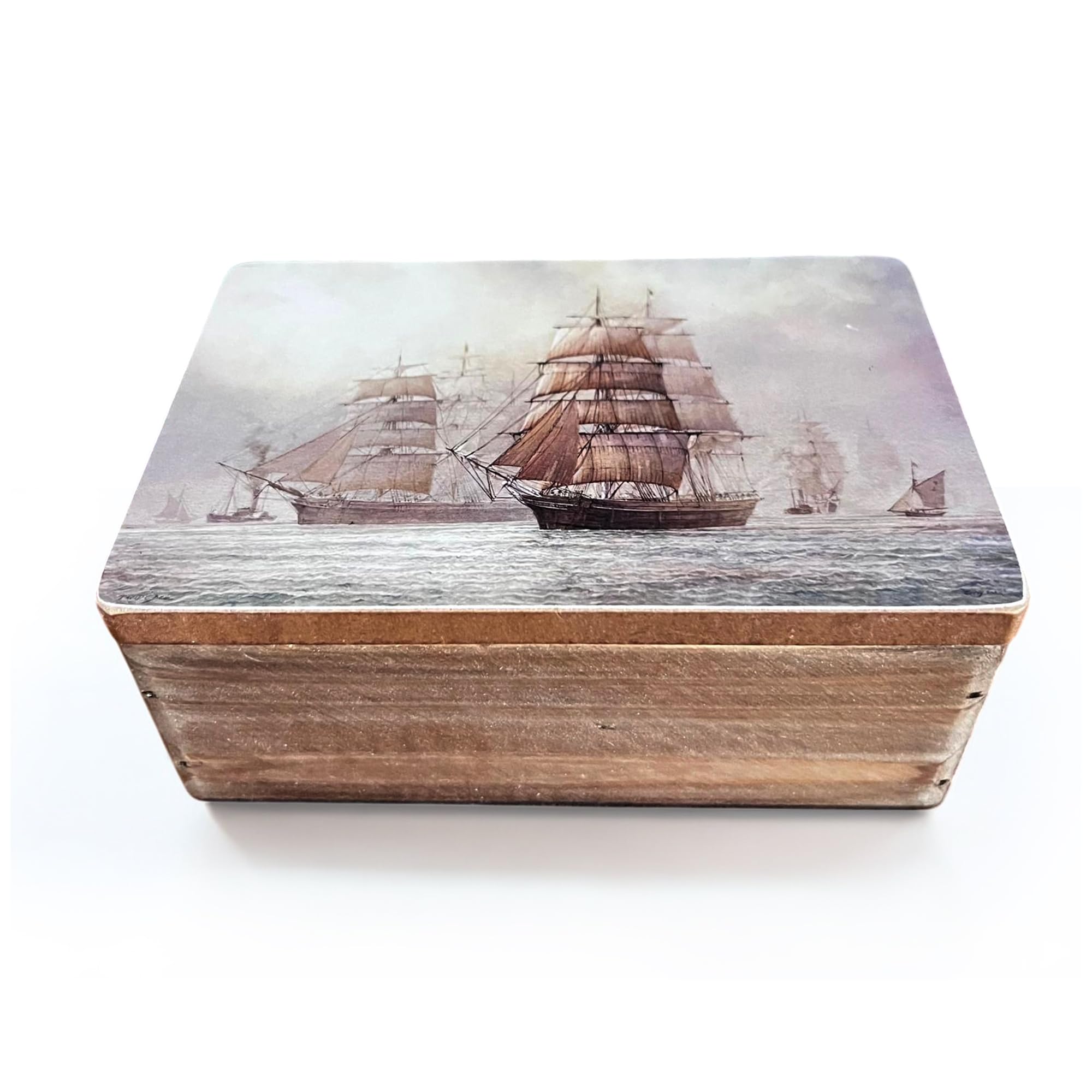 Thorness Brown Cutty Sark Wooden Box With Hinged Lid - 15Cm X 10Cm X 6Cm, Marine Art By David C. Bell