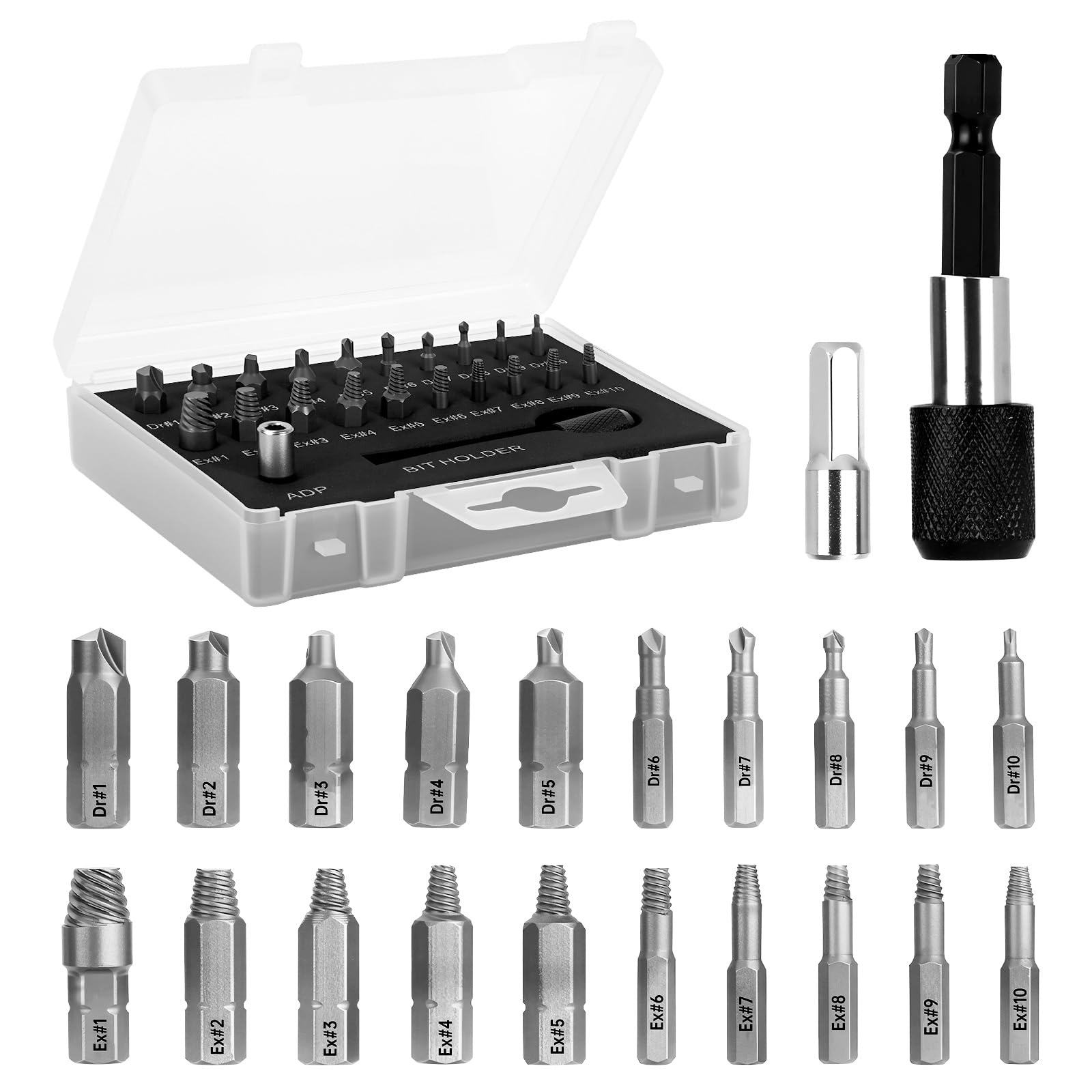 Valkynos Damaged Screw Extractor Set,22 PCS Easy Out Stripped Screw Extractor Kit, Chromium-vanadium Steel Broken Screw Remover Set with Magnetic Extension Bit Holder & Socket Adapter