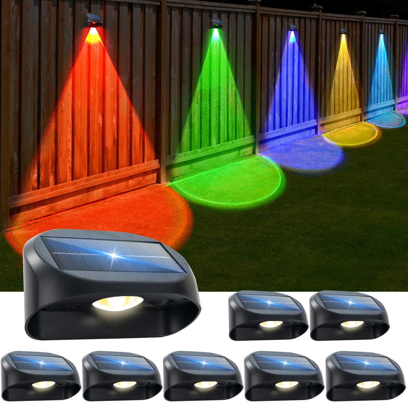 Solar Fence Lights Outdoor Waterproof, Solar Powered Fence Lights with Warm White & RGB Modes, Outdoor Wall Light Fixtures for Backyard, Patio, Deck Railing, Pool, Wall (WRGB 8 Pack)