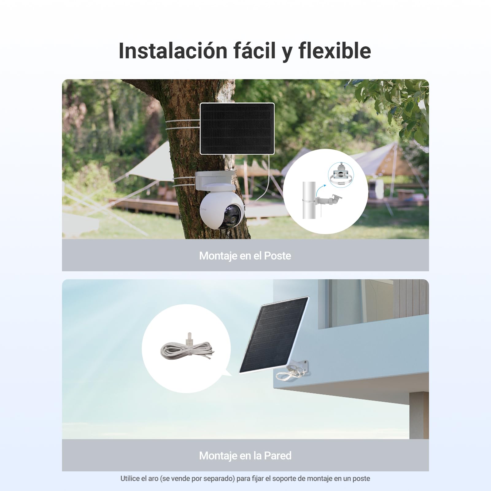 EZVIZ Panel Solar Fuente de Alimentación con Puerto Tipo C, para Cámaras Vigilancia WiFi Exterior con Batería, Impermeable, Montaje Ajustable, 8W, Fuente de Alimentación Continua (con Cable de 3m)