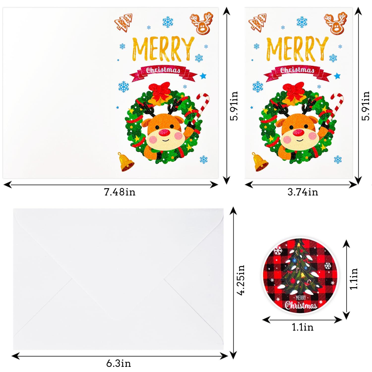 Tarjetas de felicitación de Navidad, paquete de 24 tarjetas de regalo de Navidad hechas a mano con sobres y calcomanías, 12 diseños para Navidad familiares y saludos de vacaciones