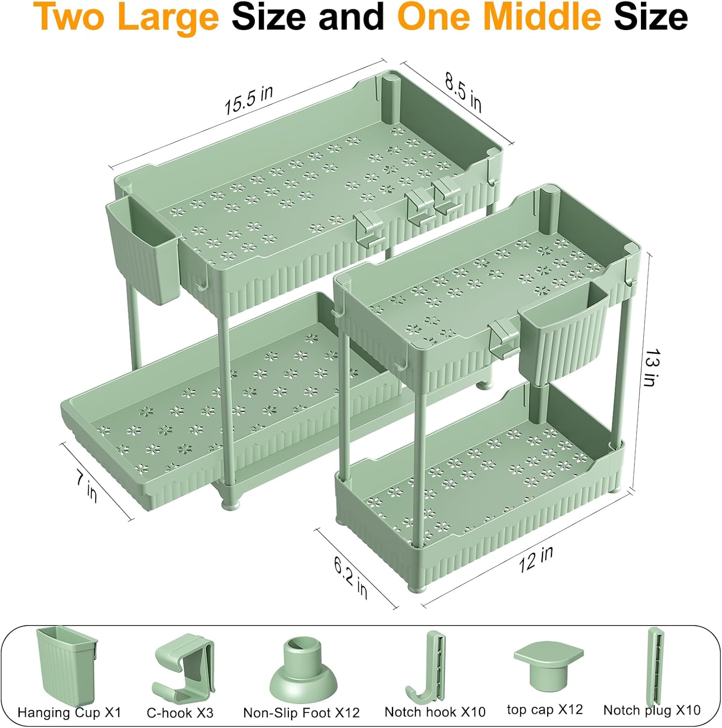 3 Pack Under Sink Organizers, 2-Tier Multi-Use Kitchen and Bathroom Organizers and Storage with Sliding Drawers，Bathroom Cabinet Organizer (Green, 12.8 Inch) - Image 2