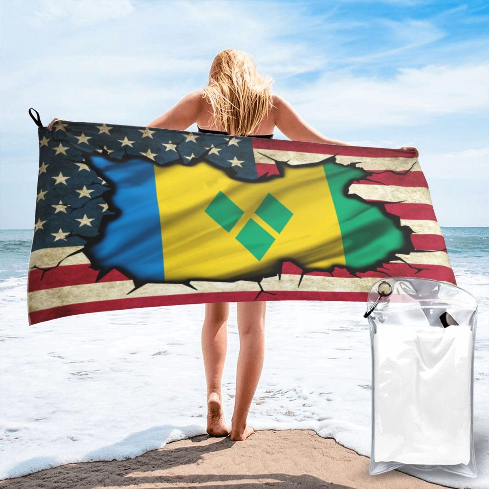 HACXZ Vintage America Flag and Grenadines Flag Absorbent Beach Towel Microfiber Beach Towel Lightweight 27.5"X55"