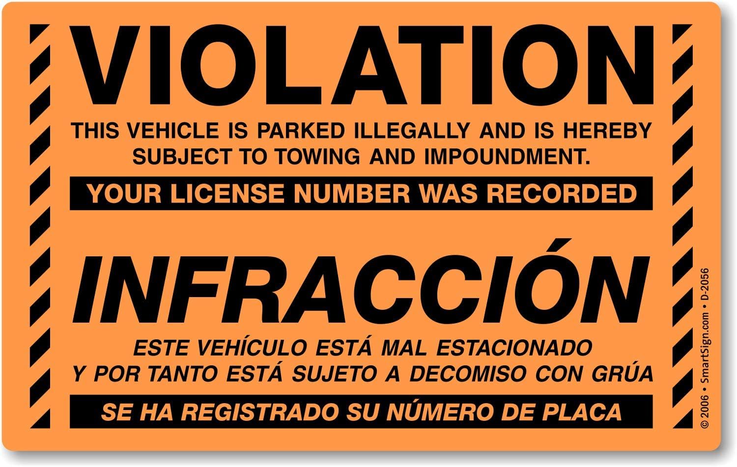 SmartSign Bilingual Parking Violation Stickers | Pack of 50 Labels with Permanent Adhesive, 5 x 8 inch, Vehicle Illegally Parked Sticker, Hard to Remove Write-On Tickets, Fluorescent Orange