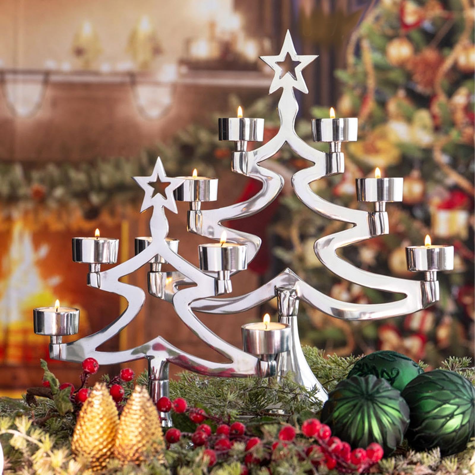Teelichthalter 39 cm für 6 Teelichter - silberner Aluminium Teelichtständer in Tannenbaum-Form - Kerzenhalter ideal für die winterliche oder weihnachtliche Dekoration