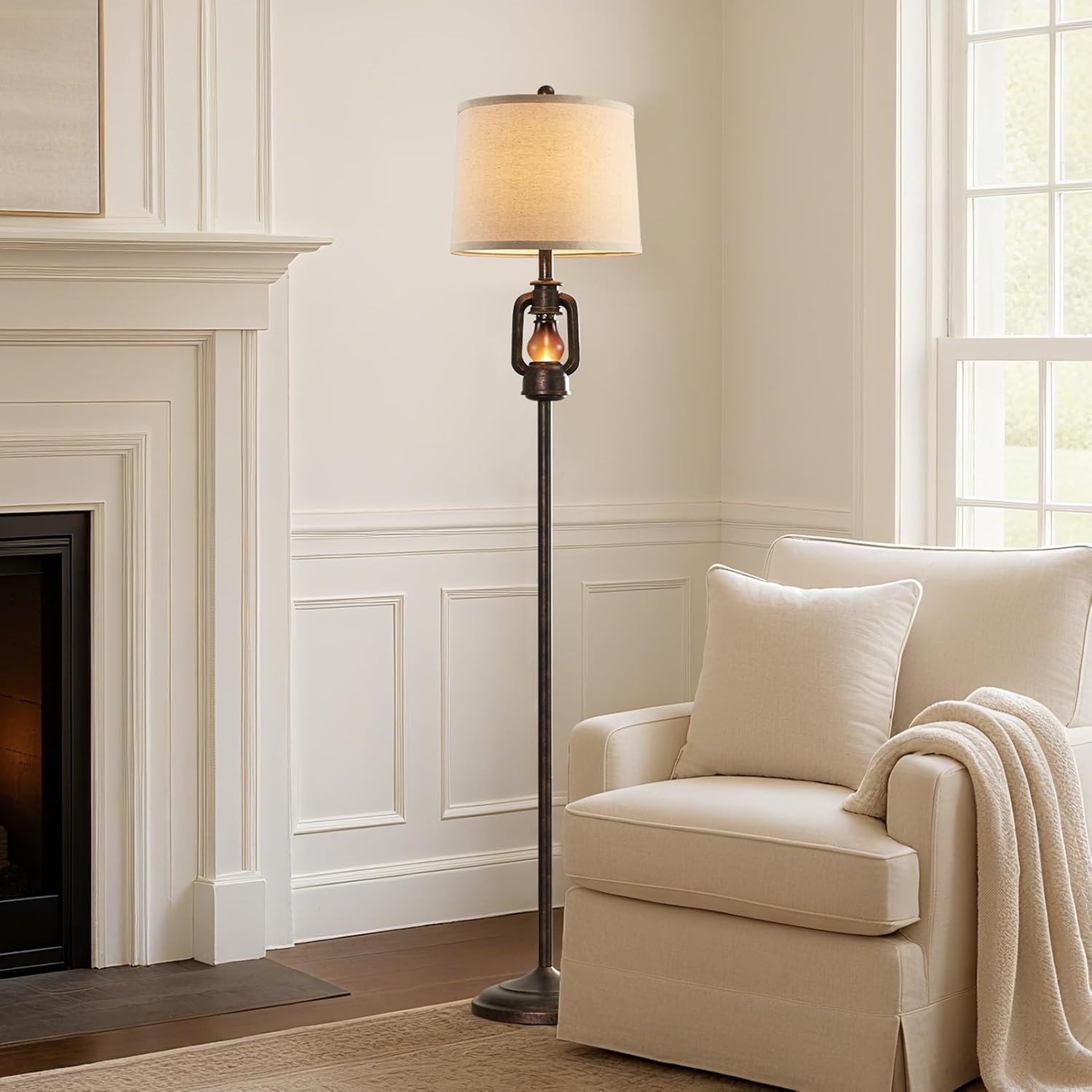 63'' Farmhouse Lantern Floor Lamp for Living Room with 2 Light Sources, Rustic Vintage Resin Tall Standing Lamp with Glass Night Light for Bedroom Office Study Room, Bulb Included (Bronze)