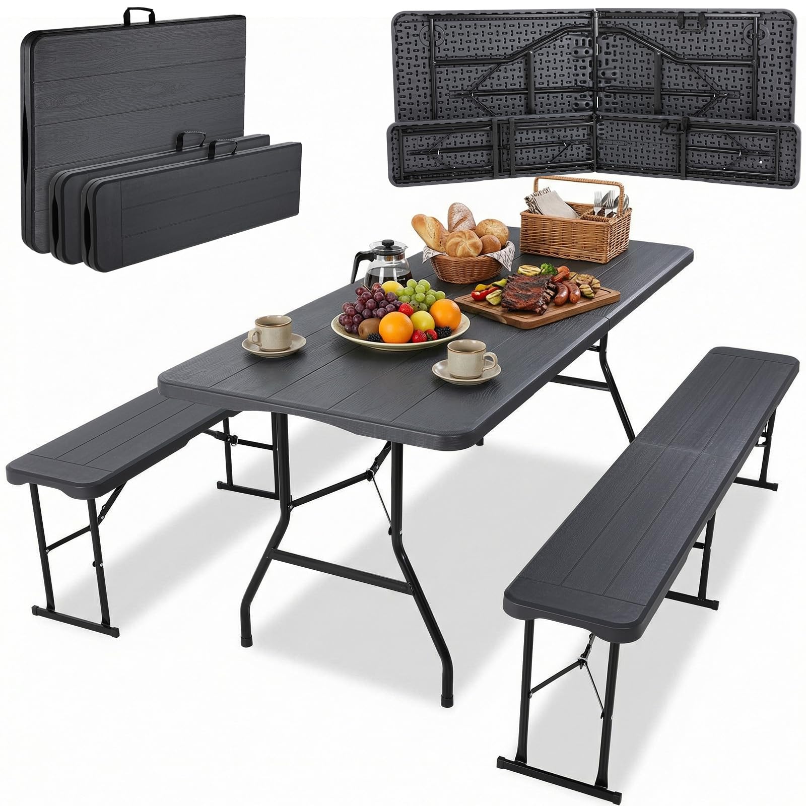 Set Tenda da Birra 3 Pezzi 180cm, Tavolo e 2 Panche Pieghevoli, Mobili da Giardino in Plastica HDPE