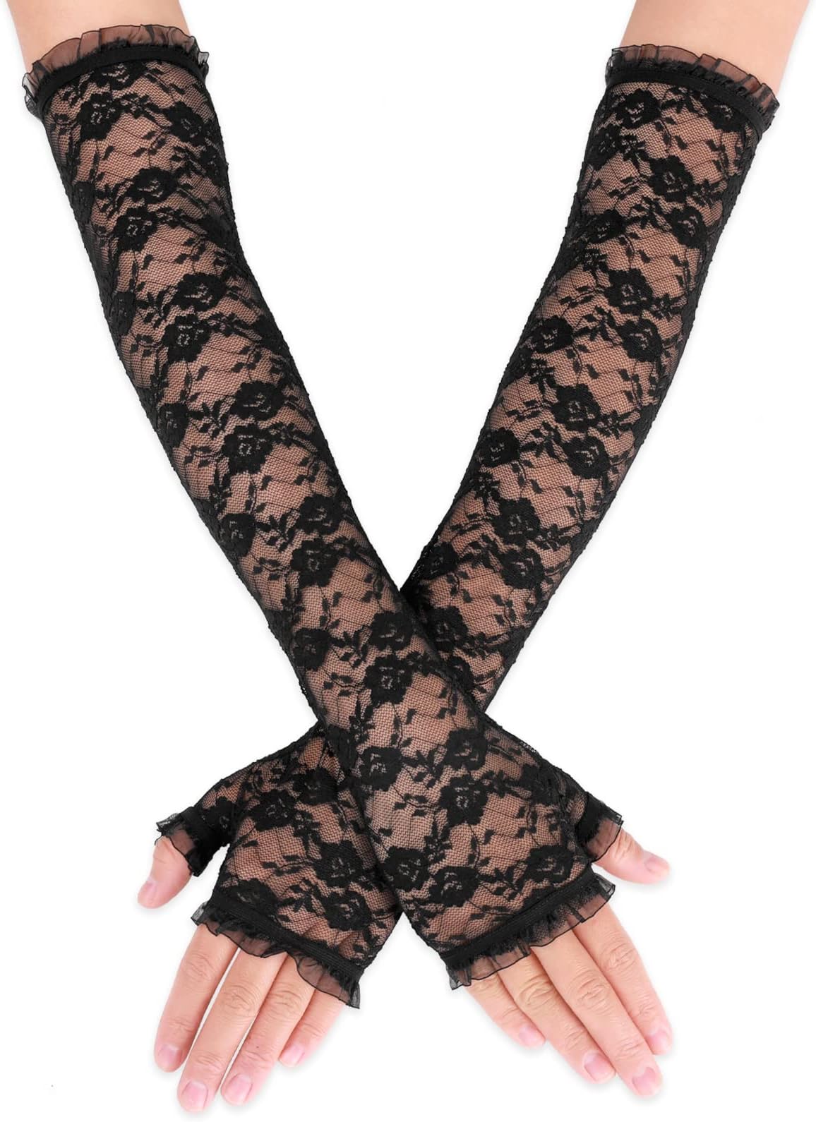Women's Long Lace Fingerless Gloves Bridal Elbow Length Gloves Long Lace Floral Gloves for Wedding Opera Tea Party