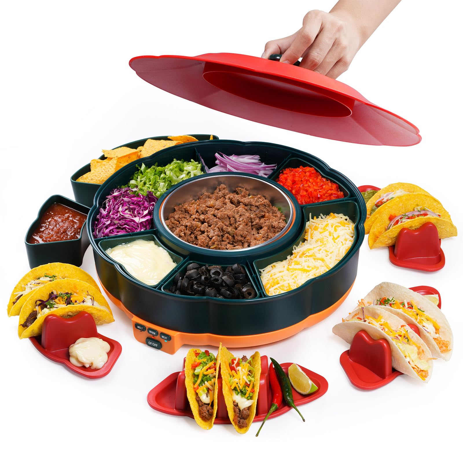 Set Taco Tuesday, Service à Tacos et Fondue au Chocolat avec Chauffe-Plat 1 L, 3 températures, 4 Supports et Plateau tournant, Parfait pour soirées familiales et Desserts