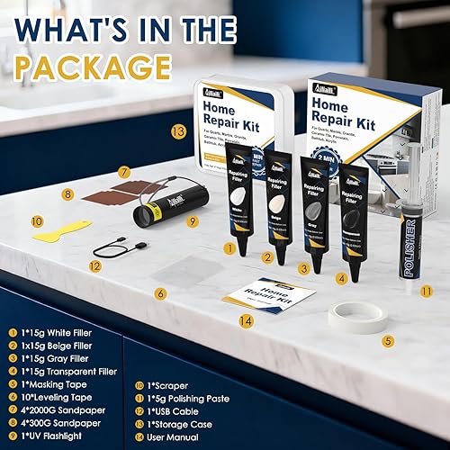 Miniatura 7 de Kit de reparación de encimera de cuarzo, kit de reparación de granito y mármol con 4 rellenos de 0.59 oz (blanco, beige, gris, transparente), chip