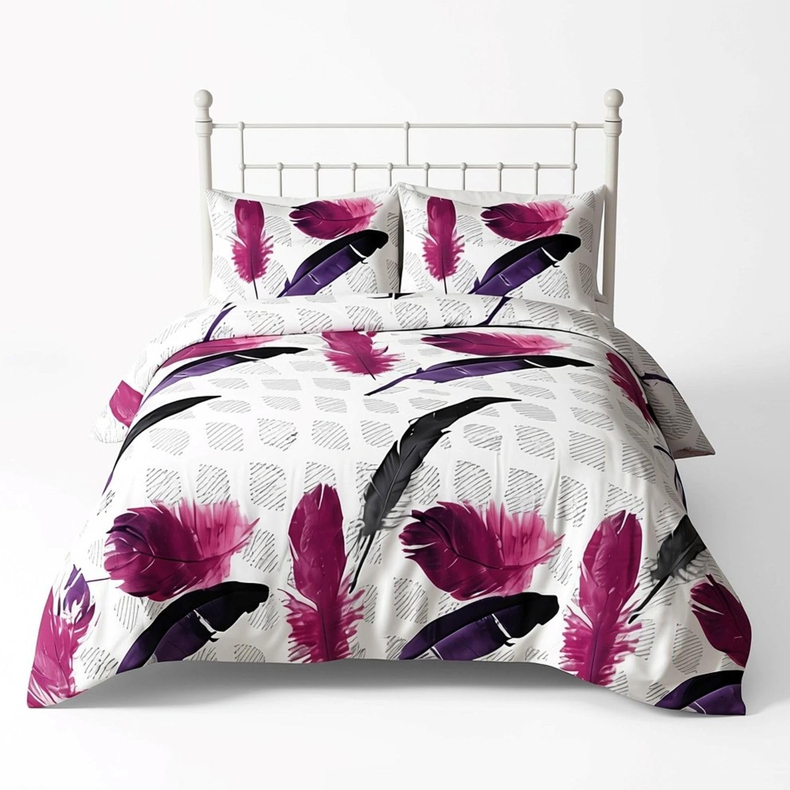 KARKARM Feather Leaf Print Duvet Cover Single Size White Purple Printed Duvet Cover Set Reversible Leaf Comforter Cover Bedding Quilt Covers Sets 2 pcs