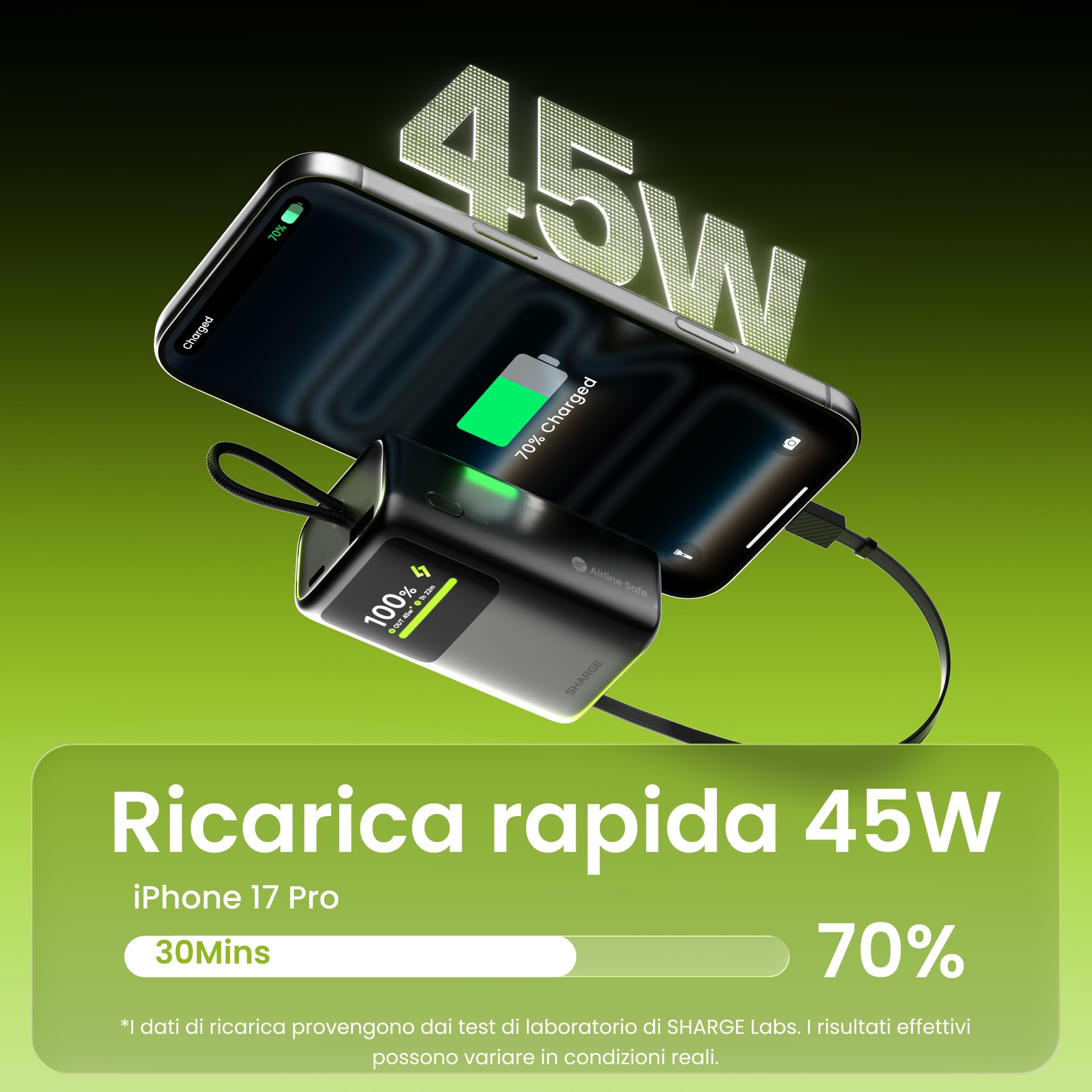 sharge 45W Fast Charging Power Bank,10000mAh USB-C retrattile integrato | display intelligente e ricarica rapida da 45W per iPhone 17/16, iPad