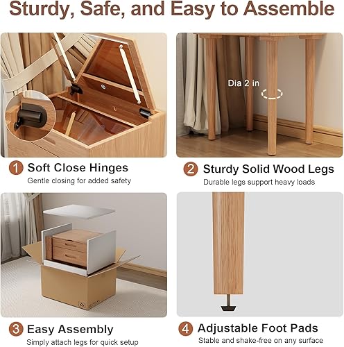 Miniatura 8 de Escritorio pequeño de madera maciza con espejo y luces, tocador de maquillaje estrecho para espacios pequeños, mesa auxiliar de tocador abatible, 3