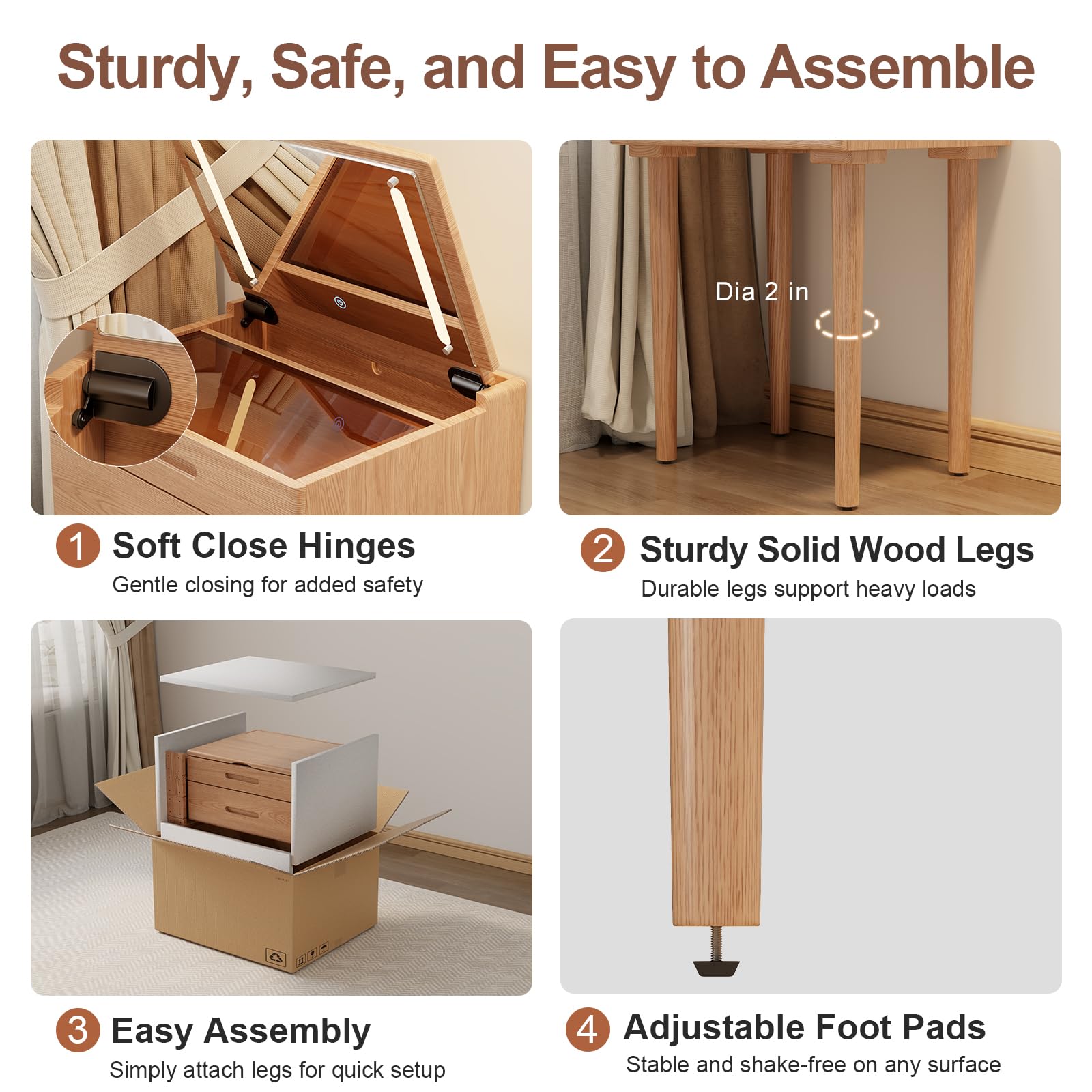 Escritorio pequeño de madera maciza con espejo abatible, luces ajustables de brillo, tocador compacto con parte superior de vidrio y cajones, tocador delgado para espacios pequeños, dormitorio 8