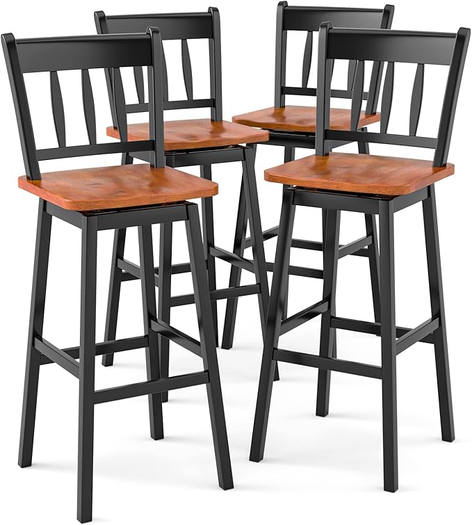 COSTWAY Bar Stools Set of 4, 30.5 Inch Rubber Wood Bar Chairs with 360°Swiveling