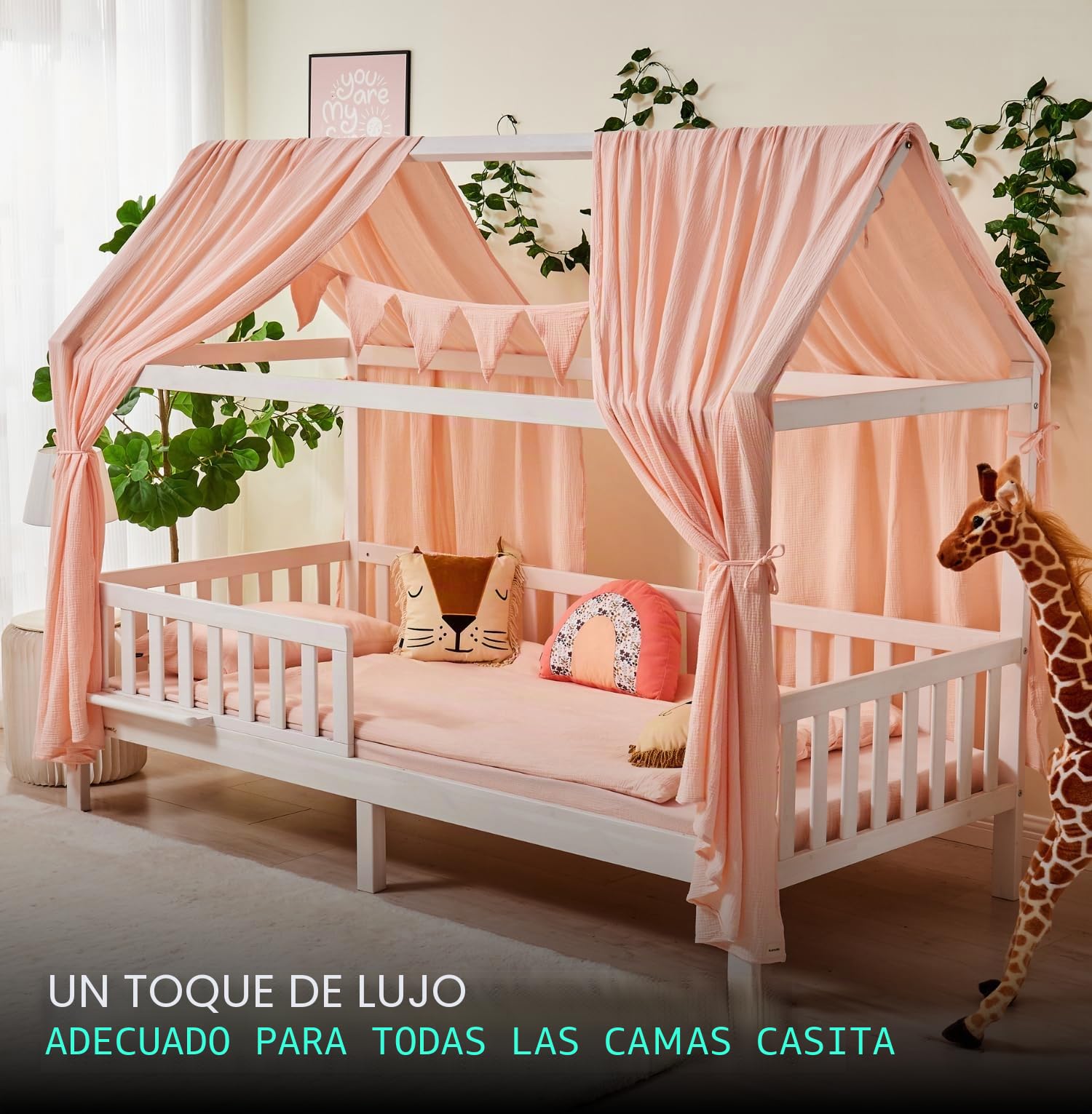 ALAVYA HOME® Juego de decoración para cama de 3 piezas, dosel y banderín de 300 cm, para cama infantil, 100% muselina orgánica GOTS, 125 x 350 cm, rosa claro
